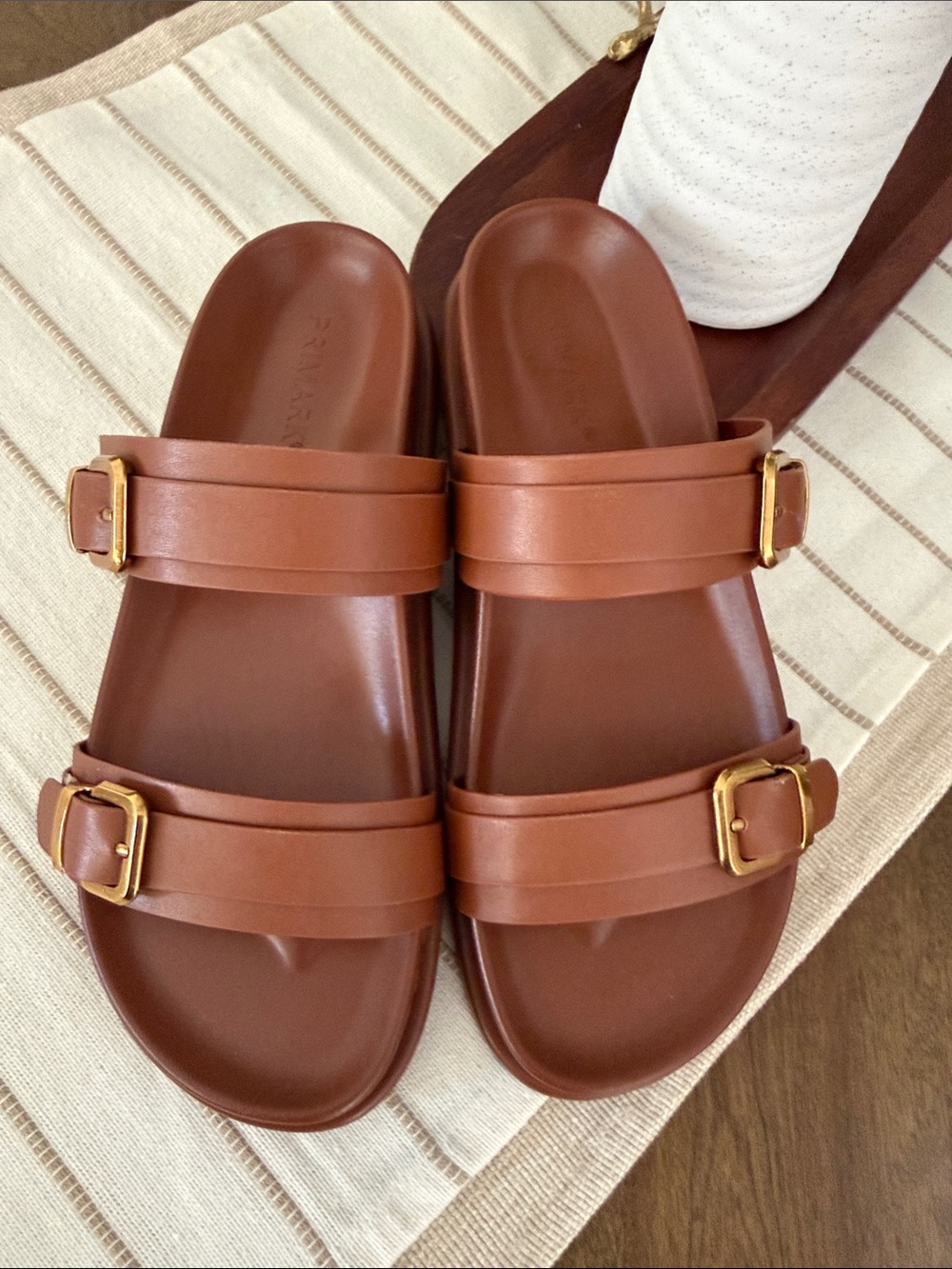 NWT Primark Brown Double-Strap Slide Sandals with Gold Buckles